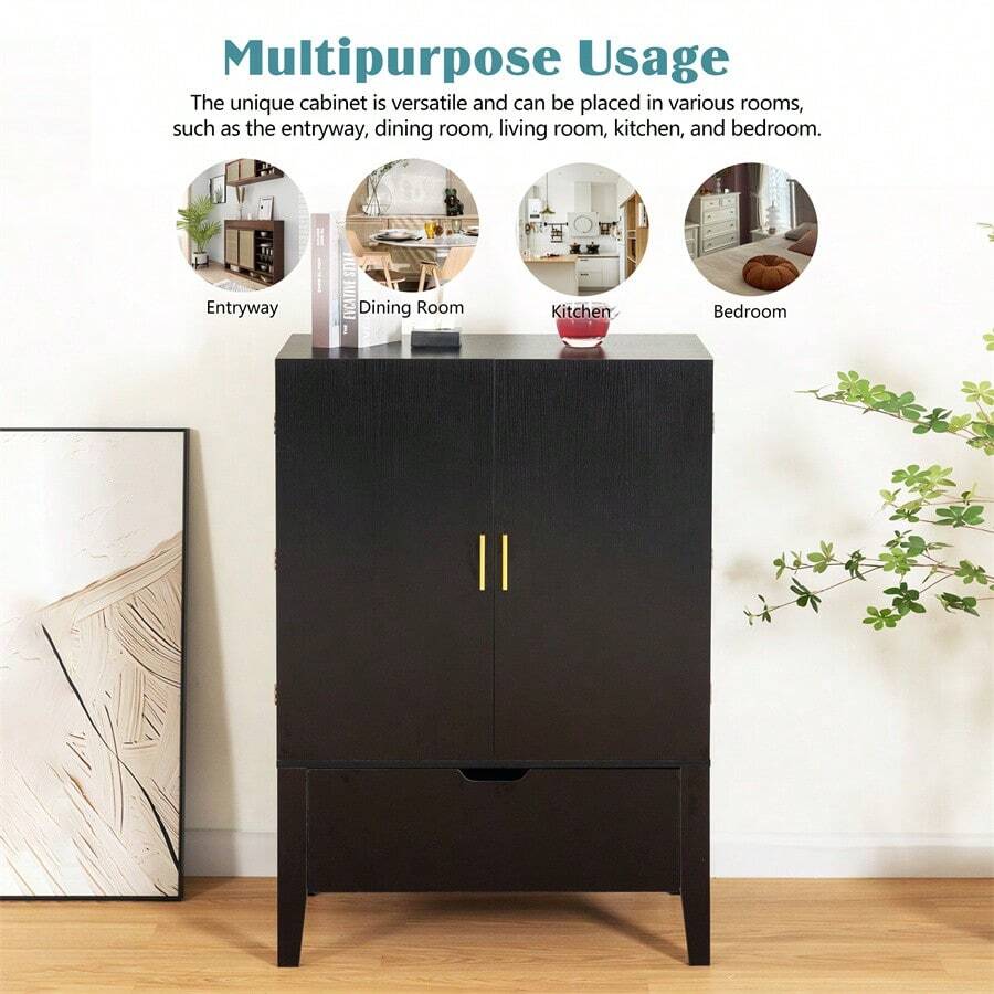Bar Cabinet,Wine Bar Cabinet,Liquor Storage Credenza,Sideboard With Wine Racks & Stemware Holder,Wine Glass Holder,Metal Handle,Can Be Placed In Family Bars,Hallways,Living Rooms - 黑色 - 查看 1
