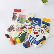 5 pares de meias criativas com personagens grafite, meias grafite personalizadas, meias cano médio masculinas, meias patchwork com lábios, estilo harajuku streetwear Y2K, meias estilo universitário retrô