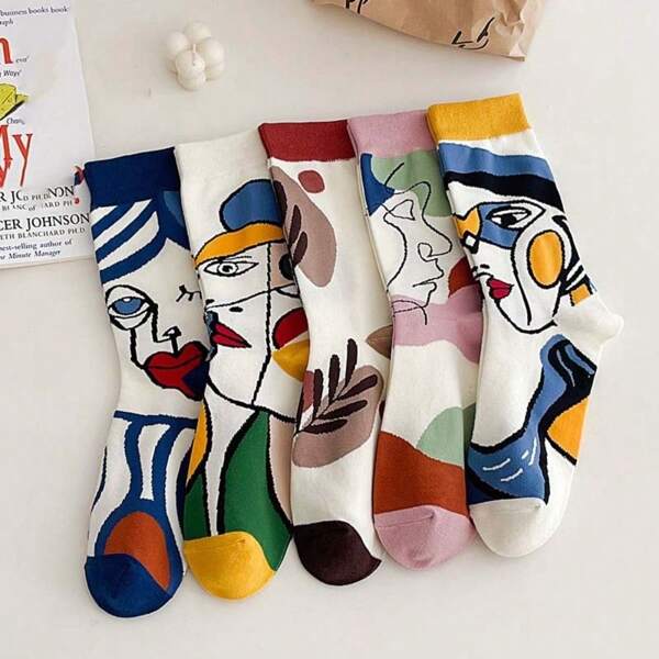 5 pares de meias criativas com personagens grafite, meias grafite personalizadas, meias cano médio masculinas, meias patchwork com lábios, estilo harajuku streetwear Y2K, meias estilo universitário retrô