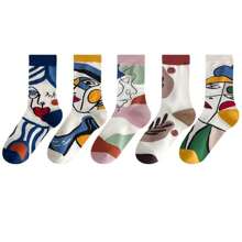 5 pares de meias criativas com personagens grafite, meias grafite personalizadas, meias cano médio masculinas, meias patchwork com lábios, estilo harajuku streetwear Y2K, meias estilo universitário retrô