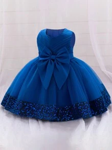 Baby Girls Solid Color Tulle Bow Hem Sequin Puff Party Princess Dress, Suitable For Flower Girl, Wedding, Banquet, Does Not Include Headband - Royal Blue - View 3