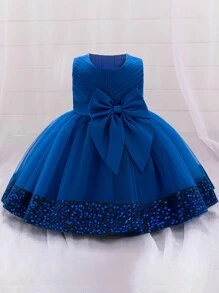 Baby Girls Solid Color Tulle Bow Hem Sequin Puff Party Princess Dress, Suitable For Flower Girl, Wedding, Banquet, Does Not Include Headband - Royal Blue - View 5
