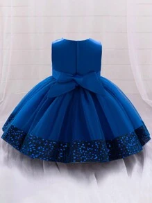 Baby Girls Solid Color Tulle Bow Hem Sequin Puff Party Princess Dress, Suitable For Flower Girl, Wedding, Banquet, Does Not Include Headband - Royal Blue - View 4