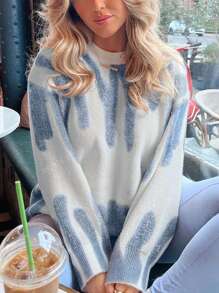 Women's Thick Knitted Color Matching Line Oversized Loose Pullover Sweater,Long Sleeve Tops