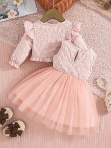 2pcs/Set Baby Girls Casual Snowflake Cardigan Jacket And Bow Tulle Dress Outfit, Winter - Baby Pink - View 2