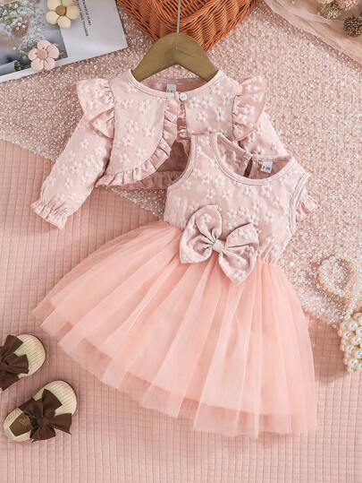 2pcs/Set Baby Girls Casual Snowflake Cardigan Jacket And Bow Tulle Dress Outfit, Winter