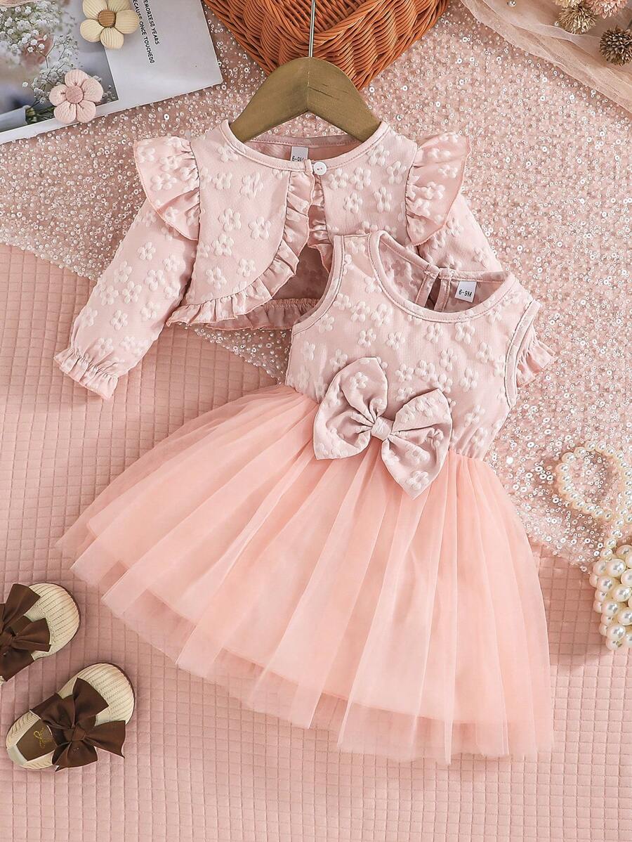 2pcs/Set Baby Girls Casual Snowflake Cardigan Jacket And Bow Tulle Dress Outfit, Winter - Baby Pink - View 1