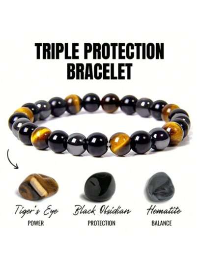 1 件男女通用三重防护磁性赤铁矿虎眼石黑曜石不锈钢手链 - 结构坚固、能量强大、独特的宝石混合 - 是男士父亲节以及任何特殊场合圣诞节新年情人节节日礼物的完美礼物