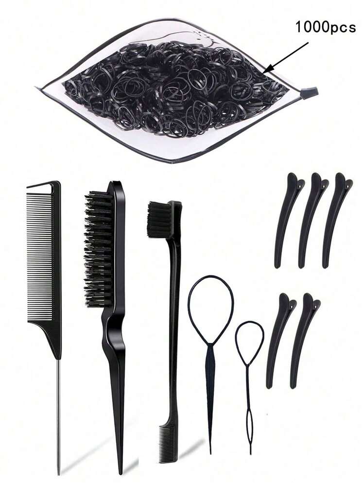 11-teiliges Haar-Tool-Set inklusive 2 französische Flechttools, 1 Rückenkamm, 1 Entwirrbürste, 1 Paar Haarclips, 5 Alligatorclips und 1 Packung mit 1000 Haargummis (Durchmesser 1,1 cm/0,43 Zoll) (1 Packung mit 1000 Haargummis kann separat erworben werden) - Verschiedenfarbig - Übersicht 9