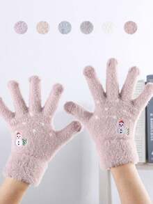 1 件雪人圆点刺绣保暖女士手套，街头户外万物寒冷，家庭聚会，节日礼物 - 彩色 - 查看 7