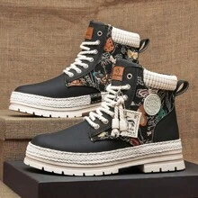 男士西部风格复古提花拼布高帮踝靴 - 黑色 - 查看 1