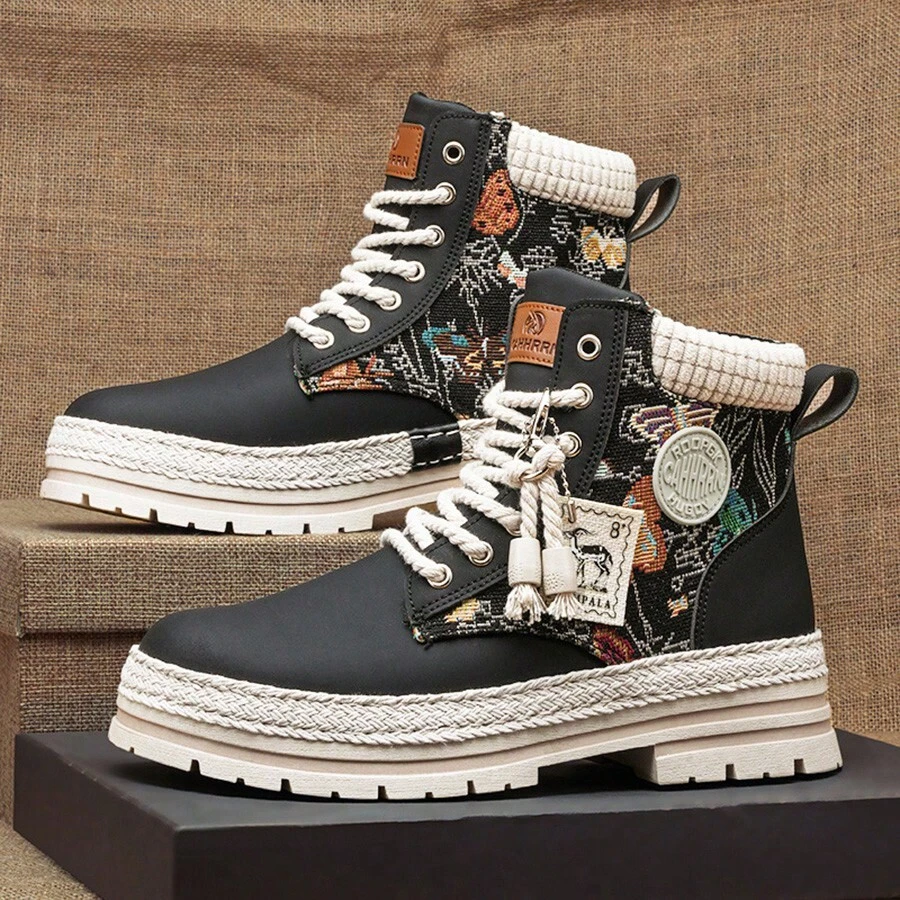 男士西部风格复古提花拼布高帮踝靴 - 黑色 - 查看 1