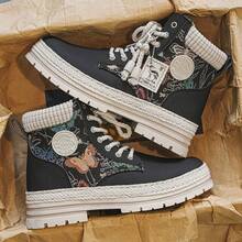 男士西部风格复古提花拼布高帮踝靴 - 黑色 - 查看 3