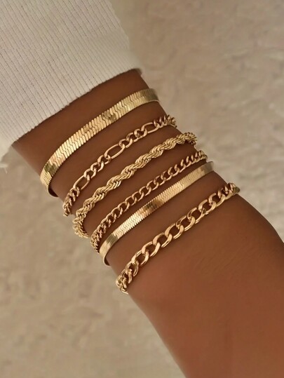 6pcs/Set Stainless Steel Minimalist Matching Chain Hip Hop Style Bracelet Set, Suitable For Daily Wear