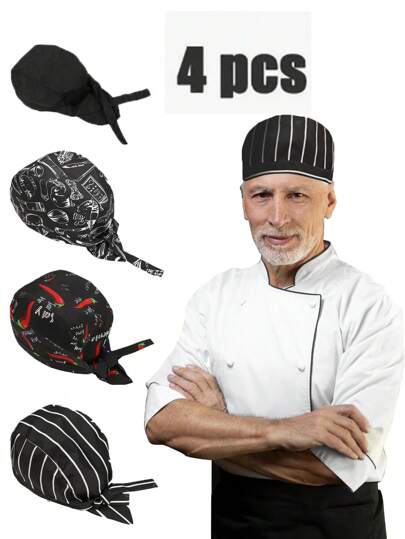 Paquete de 4 gorros de chef negros para adultos, gorros de cocina para hombres, gorros de chef para mujeres, gorros de chef reutilizables, ajustables, lavables, gorros de pizza, gorros
