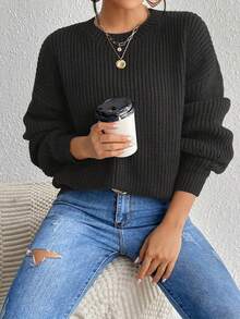 Women's Solid Color Round Neck Long Sleeve Simple Casual Ribbed Knit Sweater,Long Sleeve Tops - Black - View 4