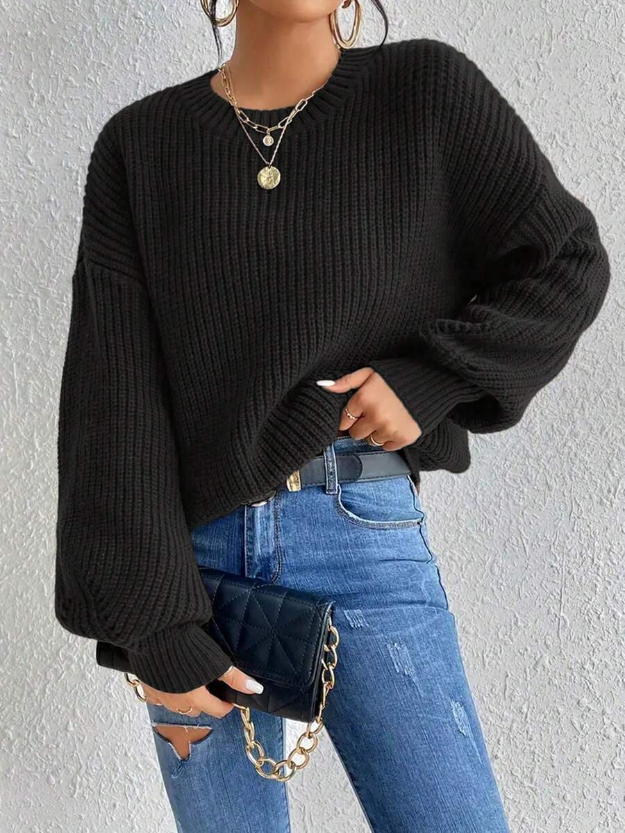 Women's Solid Color Round Neck Long Sleeve Simple Casual Ribbed Knit Sweater,Long Sleeve Tops - Black - View 1