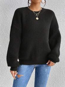 Women's Solid Color Round Neck Long Sleeve Simple Casual Ribbed Knit Sweater,Long Sleeve Tops - Black - View 5