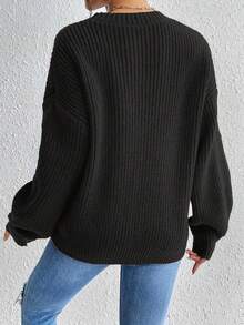 Women's Solid Color Round Neck Long Sleeve Simple Casual Ribbed Knit Sweater,Long Sleeve Tops - Black - View 2