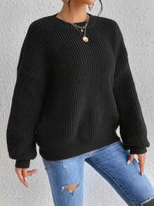 Women's Solid Color Round Neck Long Sleeve Simple Casual Ribbed Knit Sweater,Long Sleeve Tops - Black - View 3