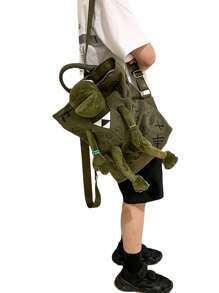 Women Men Backpacks, Graffiti Inlaid Plush Frog Monster Zip Large Capacity School Backpack, Travel Adjustable Outdoor Rucksacks - A - View 5