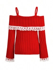 Women's Cold Shoulder Sweaters Long Sleeve Contrast Lace Knit Pullovers Bow Front Jumper Tops - Red - View 2