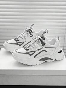 男士撞色字母条纹网眼透气休闲运动鞋，个性化前系带轻便舒适厚底百搭运动鞋 - 白灰 - 查看 4