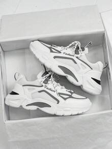 男士撞色字母条纹网眼透气休闲运动鞋，个性化前系带轻便舒适厚底百搭运动鞋 - 白灰 - 查看 3