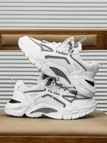 男士撞色字母条纹网眼透气休闲运动鞋，个性化前系带轻便舒适厚底百搭运动鞋 - 白灰 - 查看 2