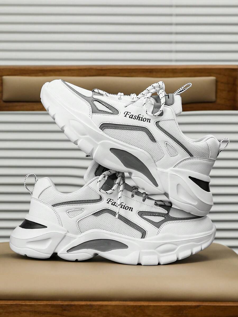 男士撞色字母条纹网眼透气休闲运动鞋，个性化前系带轻便舒适厚底百搭运动鞋