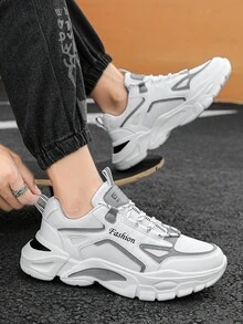 男士撞色字母条纹网眼透气休闲运动鞋，个性化前系带轻便舒适厚底百搭运动鞋 - 白灰 - 查看 6