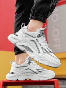 男士撞色字母条纹网眼透气休闲运动鞋，个性化前系带轻便舒适厚底百搭运动鞋 - 白灰 - 查看 8