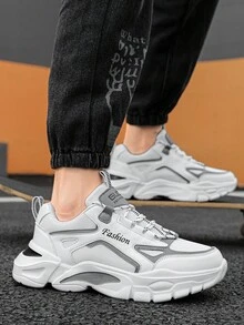 男士撞色字母条纹网眼透气休闲运动鞋，个性化前系带轻便舒适厚底百搭运动鞋 - 白灰 - 查看 5