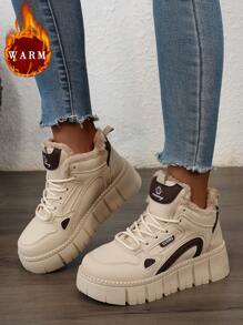 1 双女式多功能时尚纯色保暖内衬保暖防水厚底休闲运动鞋高帮雪地靴，适合日常休闲穿着、户外运动 - 卡其色 - 查看 7