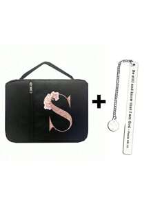 时尚简约复活节耶稣印花圣经袋和 1 个不锈钢书签，带和链条、首字母印刷、圣经封面、圣经架、便携整理袋，带拉链和口袋，适用于标准尺寸圣经袋，用于圣经学习，圣经封面，花卉圣经盒，带手柄的圣经袋，非常适合成人女性男性圣经学习（黑色）（拉链位置随机）