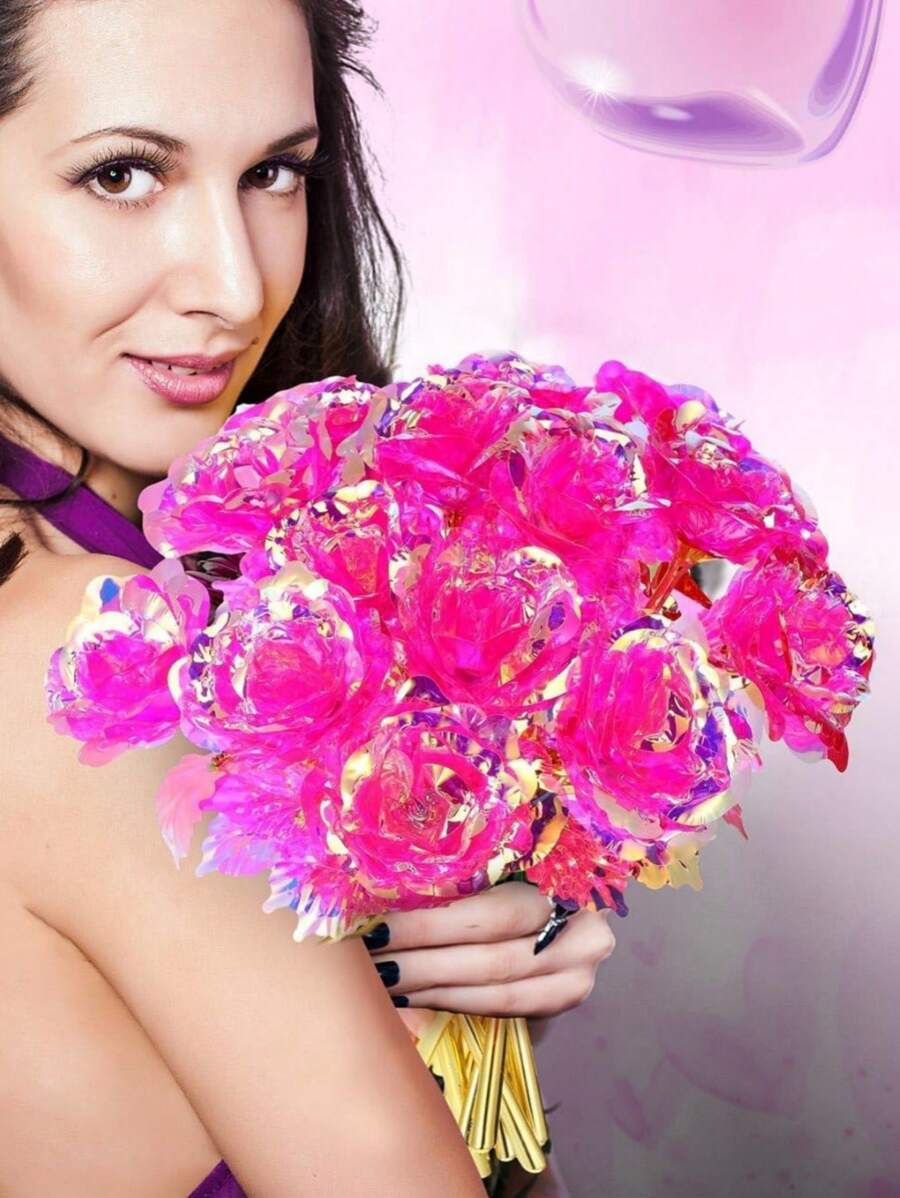 2 件/包人造玫瑰花，银河玫瑰玻璃花彩色玫瑰带茎，粉色假玫瑰花，适合情人节、母亲节、圣诞节、感恩节、婚礼、酒店、客厅、卧室、婚礼、生日派对 - 粉色 - 查看 1