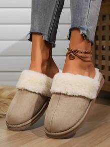 女士加厚毛绒经典拖鞋，双层记忆泡沫鞋垫，防滑 EVA 外底 - 米色 - 查看 2