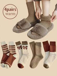 4 双女士冬季保暖袜加厚版，女士中筒袜，厚款保暖过膝袜，圣诞款，保暖内衬厚款，居家睡眠袜，毛圈袜，条纹蝴蝶结图案 - 彩色 - 查看 1