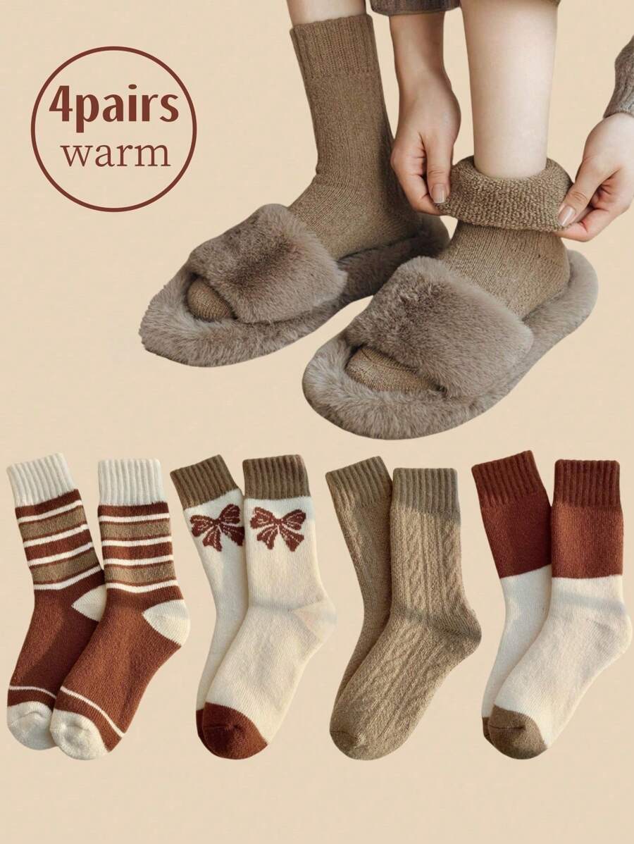 4 双女士冬季保暖袜加厚版，女士中筒袜，厚款保暖过膝袜，圣诞款，保暖内衬厚款，居家睡眠袜，毛圈袜，条纹蝴蝶结图案 - 彩色 - 查看 1