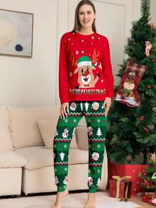 Women's Christmas Pajamas, Santa Claus Print Long Sleeve Top And Floral Pants, Women's Christmas Outfit, Christmas Sleepwear, Women's 2 Pieces Autumn/Winter Loungewear Set - Multicolor - View 3