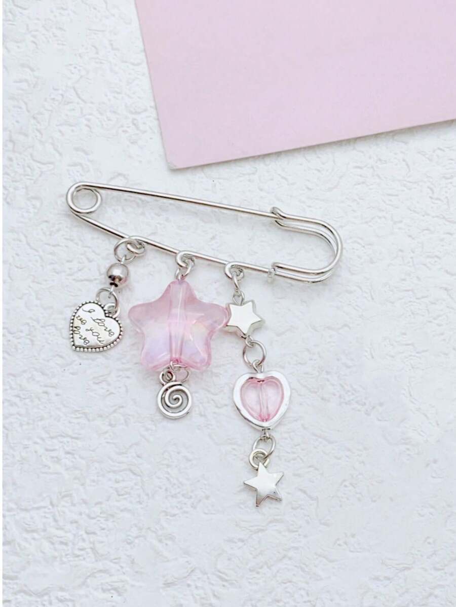 1 件女式心形和星星串珠饰品可爱别针风格配饰优雅简约设计包包装饰星形饰品小礼物 - 粉色 - 查看 1