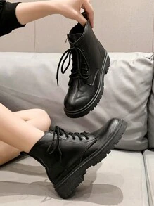 Fall/Winter Women's Fashion Round Toe Side Zipper Lace Up Flat Boots, Autumn Motorcycle Boots,Boots For Women - Black - View 3