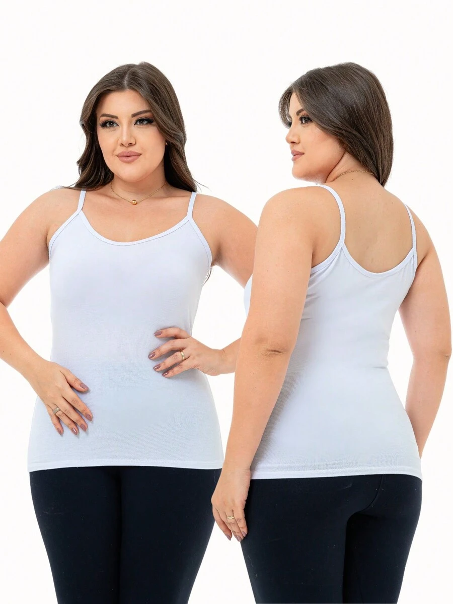 Kit 2 Women's Plain Viscolycra Thin Strap Tank Tops - Trắng và Trắng - Xem 1