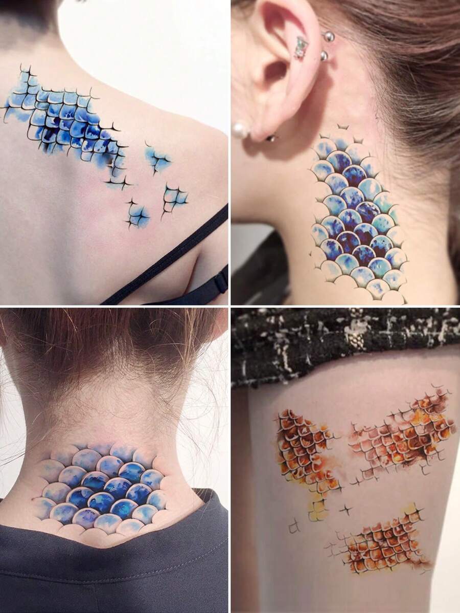 9 件/套恐怖鱼鳞皮肤角色扮演临时纹身，防水蛇鳞纹身贴纸，男女适用，持续 1-5 天 - 彩色 - 查看 1