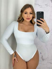 Women's Bodysuit With Square Neckline And Long Sleeves Basic Fashion Blogger - 白色 - 查看 2