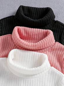 3 件装年轻女孩简约保暖高领长袖上衣，白色和粉色和黑色纯色条纹柔软休闲内衣，适合日常穿着，防风保暖外套和户外分层单品，年轻女孩服装