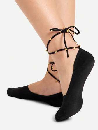 1 Pair Ladies Handmade Beaded Laced Boat Socks, No Show Socks, Black Color