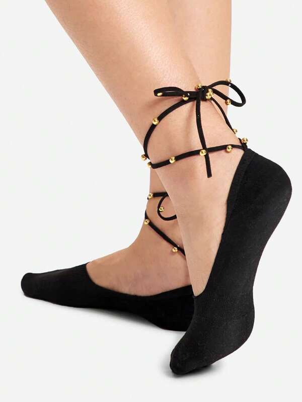 1 Par de Meias Tipo Barco com Renda e Contas Feitas à Mão para Mulheres, Meias Invisíveis, Cor Preta