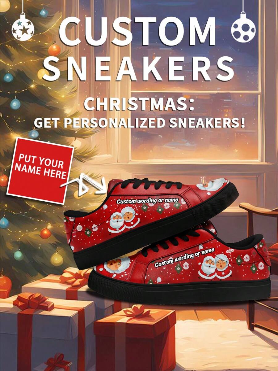 1 Pair Of Custom Sandals With Christmas Name, Personalized Santa Photo Sneakers, Custom Name Holiday Sneakers, Custom Sneakers With Festive Design, Unique Photo Sneakers, Personalized Sneakers For Him And Her, Custom Casual Sneakers , Perfect Christmas Gift For Mom/Dad/Her/Him/Girlfriend/Boyfriend/Wife/Husband/Friend. - Black - View 1