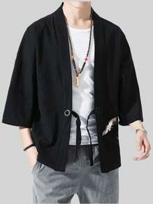 鹤刺绣羽织和服原宿日式大码男式武士服装浴衣亚洲服装开衫夹克 - 黑色 - 查看 1